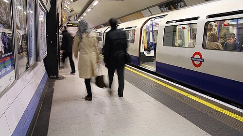 A London tube train at the platform.