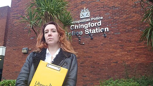 Liberal Democrat Parliamentary Candidate Tara Copeland stood outside Chingford Police Station