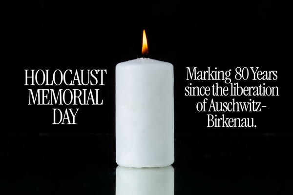 A lit candle with the caption "Marking 80 Years since the liberation of Auschwitz-Birkenau."